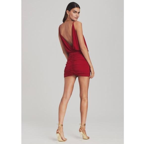 Retrofete Kai Dress in Red Size Large NWT Bodycon Ruched V Neck Open Back Mini - Picture 2 of 11